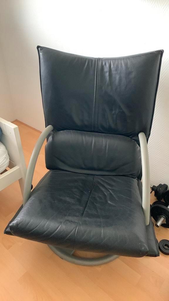 Rolf Benz Relaxfauteuil + Voetenbank, Huis en Inrichting, Stoelen, Gebruikt, Eén, Leer, Zwart, Ophalen