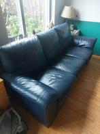Blauw-leren 3 zits bank, Gebruikt, Driepersoons, Ophalen of Verzenden, Rechte bank