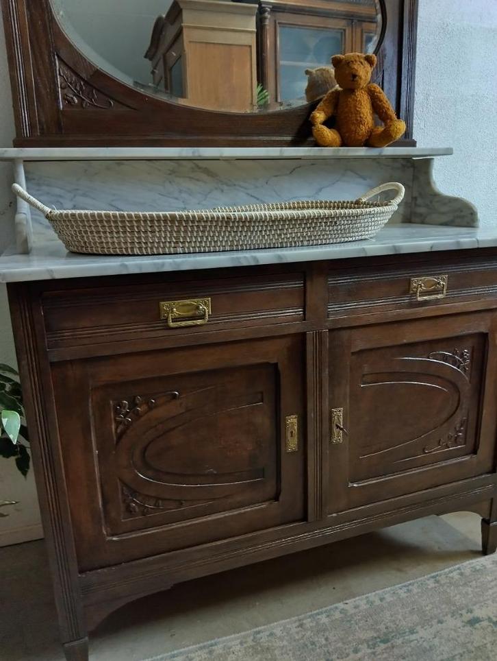 Antieke commode met marmeren blad en spiegel, Kinderen en Baby's, Kinderkamer | Commodes en Kasten, Gebruikt, Commode, Minder dan 90 cm