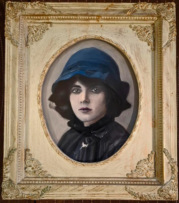 Vintage Olieverf Schilderij Portret Dame met Hoed, Antiek en Kunst, Kunst | Schilderijen | Klassiek, Ophalen of Verzenden