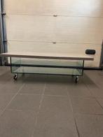 Glazen salontafel op wieltjes met extra houten bovenblad., Huis en Inrichting, Tafels | Salontafels, Ophalen, Minder dan 50 cm