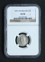 Schitterende 25 cent 1893 - Wilhelmina - AU58 in slab, Zilver, Koningin Wilhelmina, Ophalen of Verzenden, Losse munt