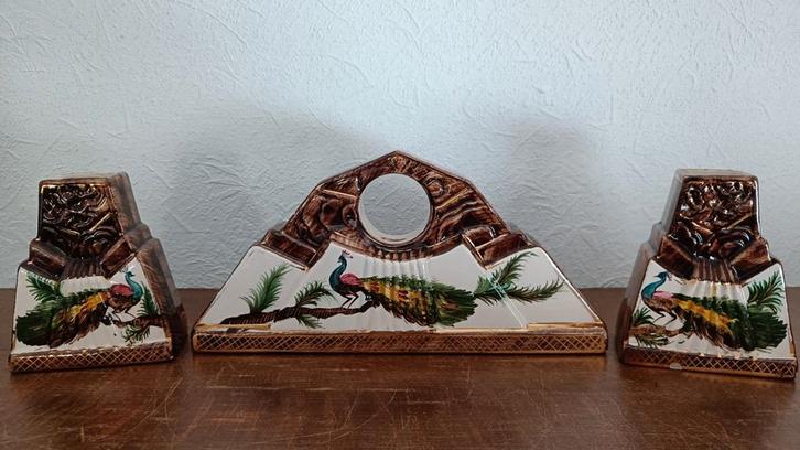 Oude schouwgarnituur met pauwen., Antiek en Kunst, Antiek | Woonaccessoires, Ophalen of Verzenden