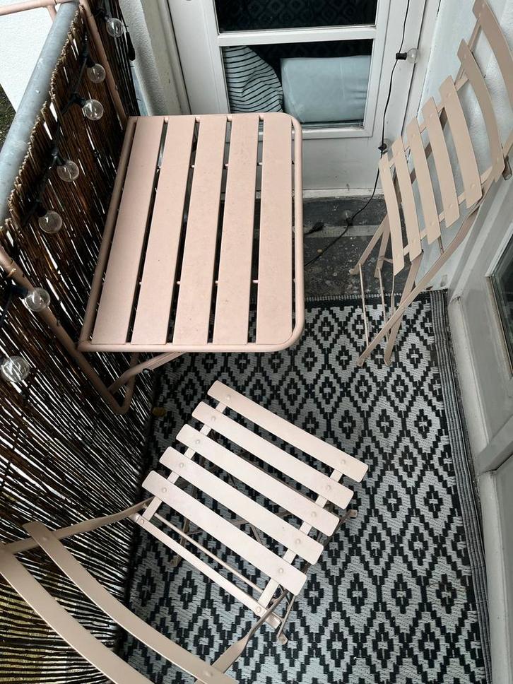 Roze Balkon Set - Tafel en 2 Stoelen, Tuin en Terras, Tuinstoelen, Gebruikt, Metaal, Inklapbaar, Ophalen