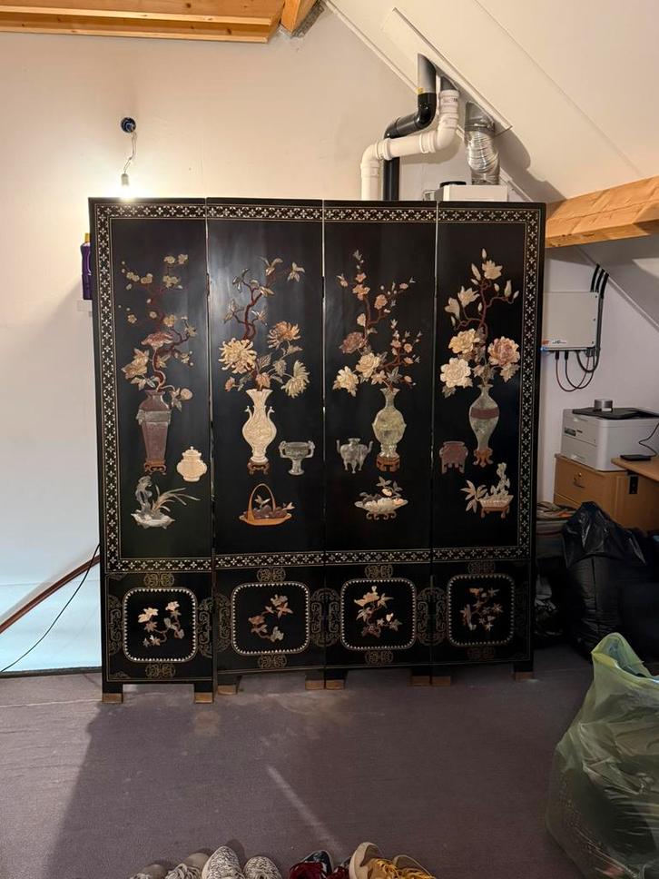 Groot Chinees kamerscherm  met 4 panelen, Huis en Inrichting, Woonaccessoires | Kamerschermen, Gebruikt, Ophalen