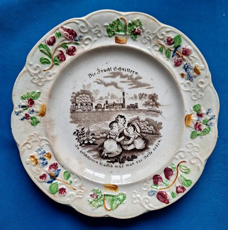 bordje ca 1830 met vroegste trein, Antiek en Kunst, Antiek | Wandborden en Tegels, Ophalen of Verzenden