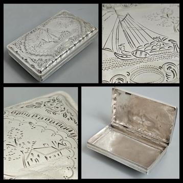 Antiek zilver,  1861, gegraveerde zilveren tabaksdoos schip  beschikbaar voor biedingen