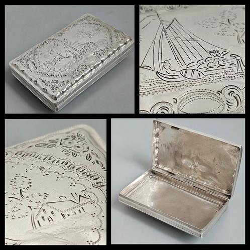 Antiek zilver,  1861, gegraveerde zilveren tabaksdoos schip, Antiek en Kunst, Antiek | Goud en Zilver, Zilver, Ophalen of Verzenden