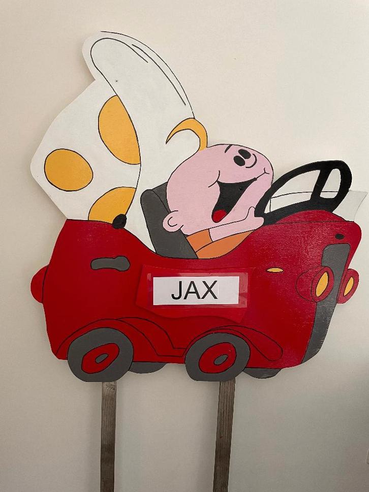 Geboortebord BABY AUTO OPEN DAK huren jongen meisje, Kinderen en Baby's, Kraamcadeaus en Geboorteborden, Zo goed als nieuw, Geboortebord