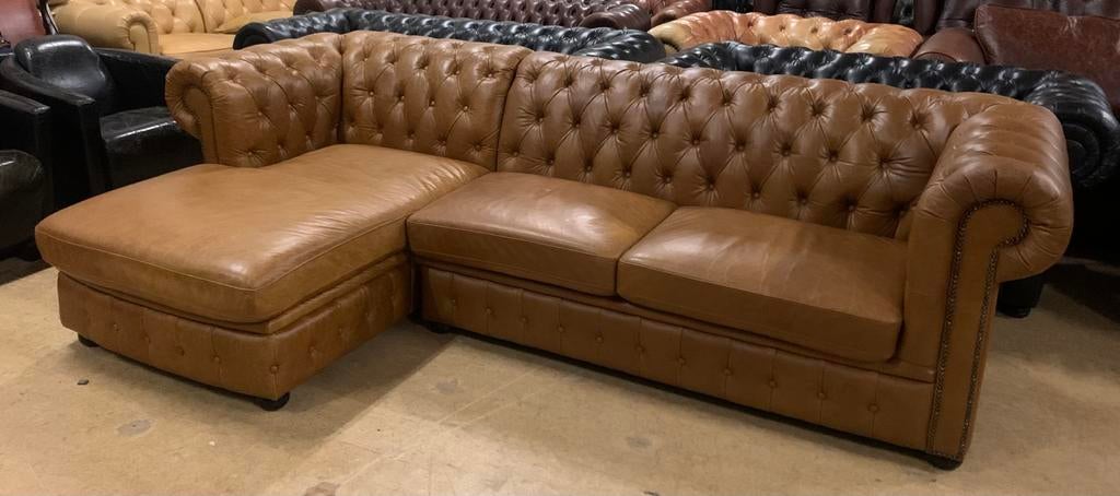 Prachtige Chesterfield Hoekbank 5 Zits Cognac Bruin., Huis en Inrichting, Ophalen of Verzenden, Gebruikt, Leer, Chesterfield