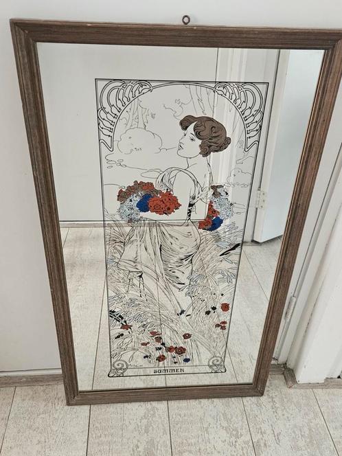Vintage 1960s Alphonse Mucha Four Seasons Summer Long Mirror, Antiek en Kunst, Antiek | Spiegels, Minder dan 100 cm, Ophalen of Verzenden
