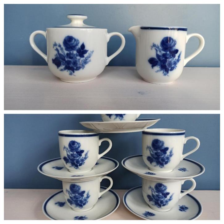 Douwe Egberts Mosa suikerpot, melkkan & 5 koppen + schotels, Huis en Inrichting, Keuken | Servies, Gebruikt, Kop(pen) en/of Schotel(s)