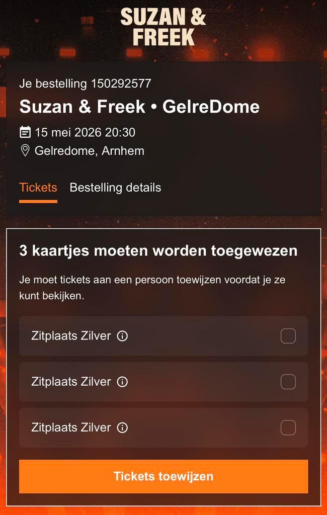 Tickets Zitplaatsen Suzan & Freek GelreDome 15 mei 2026, Tickets en Kaartjes, Evenementen en Festivals, Eén persoon