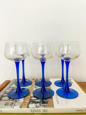 6x / 12x vintage moezel duitse wijnglazen donkerblauwe steel beschikbaar voor biedingen