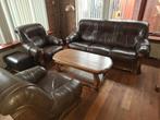Donker eiken bankstel  3-1-1 salontafel  poef leer kussens, Ophalen, Gebruikt, Leer