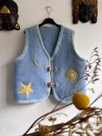 Boho Vintage Wollen Deken Gilet, Zon Maan Ster Patches, L/XL, Nieuw, Blauw, Maat 42/44 (L), Ophalen of Verzenden