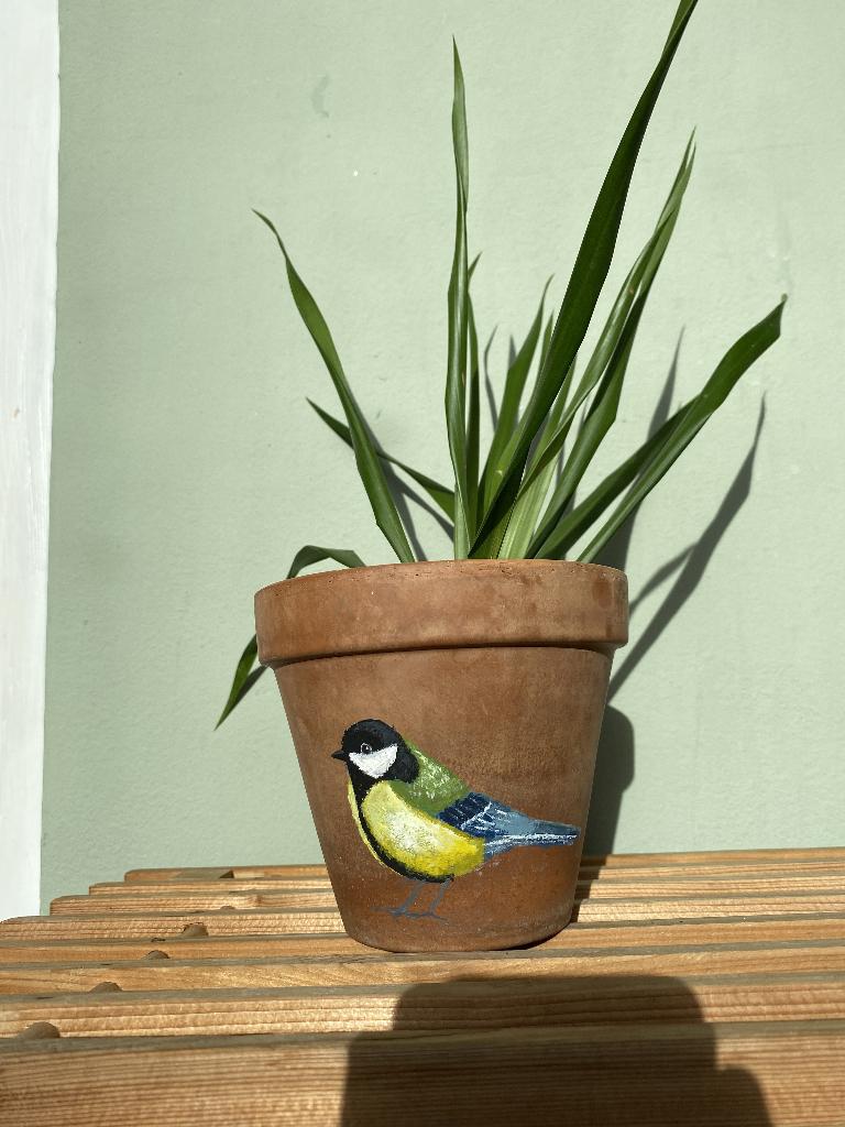 Handbeschilderde Bloempot Vogel Koolmees, Rond, Ophalen of Verzenden, Zo goed als nieuw, Aardewerk