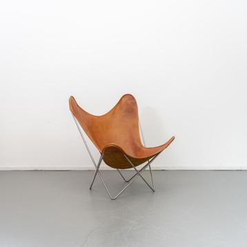 1 Plux  Vlinder Fauteuil tuigleer Cognac Vintage beschikbaar voor biedingen