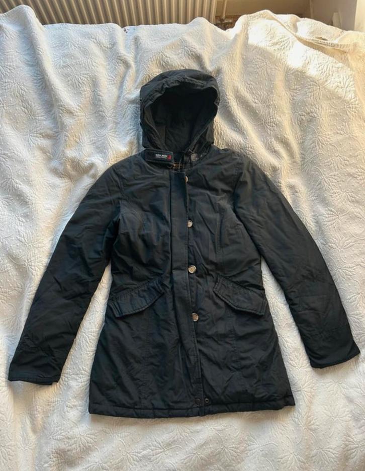 Woolrich gewatteerde winter jas capuchon, Kleding | Dames, Jassen | Winter, Zo goed als nieuw, Maat 36 (S), Blauw, Ophalen of Verzenden