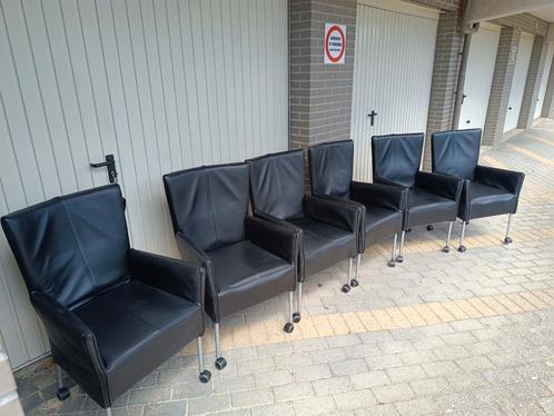 HVS 6x eetkamerstoelen, leren zwart, rvs poten met wielen, Huis en Inrichting, Stoelen, Gebruikt, Vijf, Zes of meer stoelen, Leer