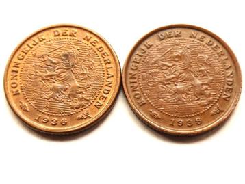  Wilhelmina 2x 1/2 cent 1936 en 1938, brons, prachtig (5822 beschikbaar voor biedingen