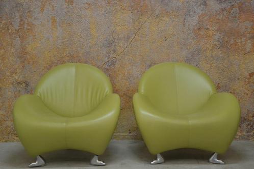 ZGANieuw 2 limegroene Leolux Papageno design fauteuils, Huis en Inrichting, Fauteuils, Zo goed als nieuw, Leer, Metaal, 75 tot 100 cm