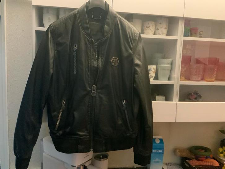 Zwarte Philipp Plein Leren Jas - Maat 3XL, Kleding | Heren, Jassen | Winter, Zo goed als nieuw, Overige maten, Zwart, Ophalen