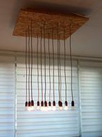 Design hanglamp met 12 e14 gloeilampjes aan strijkijzerdraad, Huis en Inrichting, Lampen | Hanglampen, Ophalen, Gebruikt, Hout