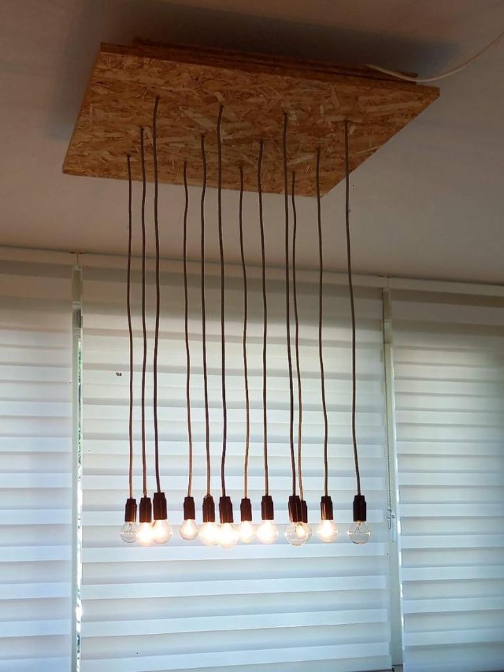Design hanglamp met 12 e14 gloeilampjes aan strijkijzerdraad, Huis en Inrichting, Lampen | Hanglampen, Gebruikt, 75 cm of meer