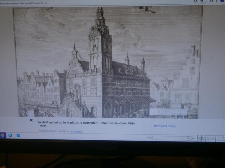 Rotterd. Mooie Ingel. Gravure v/h Stadhuis 1694, v/d VOUW, Antiek en Kunst, Kunst | Etsen en Gravures, Ophalen of Verzenden