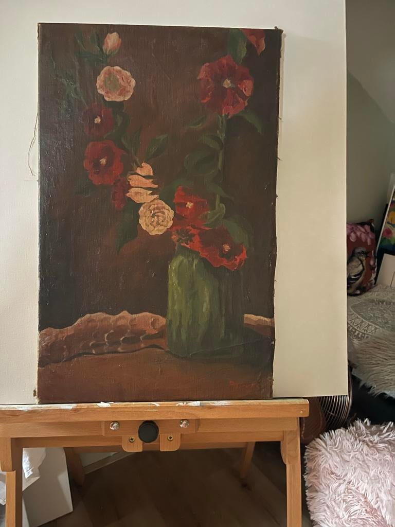 Antiek Schilderij Stokrozen - Brocante Stijl, Ophalen of Verzenden