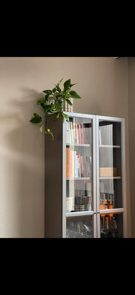 Taupe glanzende vitrinekast of boekenkast van Ikea, Huis en Inrichting, Kasten | Vitrinekasten, Gebruikt, 200 cm of meer, 50 tot 100 cm