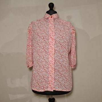 Vintage 1980s Retro Blouse Wit Rood Floral Schoudervulling beschikbaar voor biedingen
