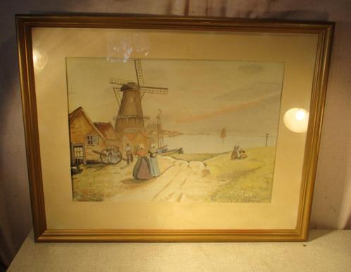 Mooi Oud Geschilderd Aquarel 'Windmolen en Water' - W Storma, Antiek en Kunst, Kunst | Schilderijen | Klassiek, Ophalen of Verzenden