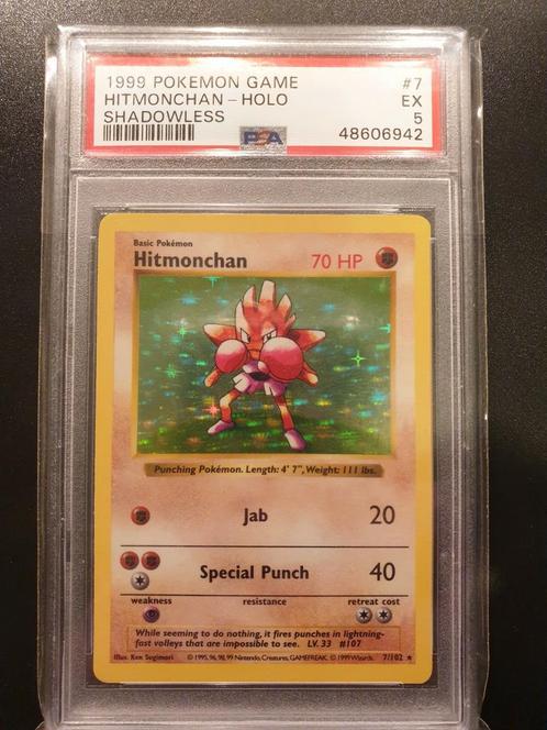 Shadowless hitmonchan 7/102 PSA 5, Hobby en Vrije tijd, Verzamelkaartspellen | Pokémon, Zo goed als nieuw, Losse kaart, Foil, Ophalen of Verzenden