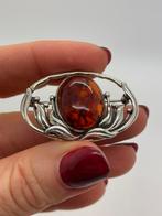 A964 Prachtige zilveren broche barnsteen, Sieraden, Tassen en Uiterlijk, Broches, 4 tot 7 cm, Ophalen of Verzenden, X, Met edelsteen