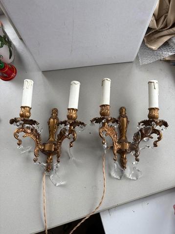 vintage messing wandlampen met kristallen – Rococo stijl, 2 beschikbaar voor biedingen