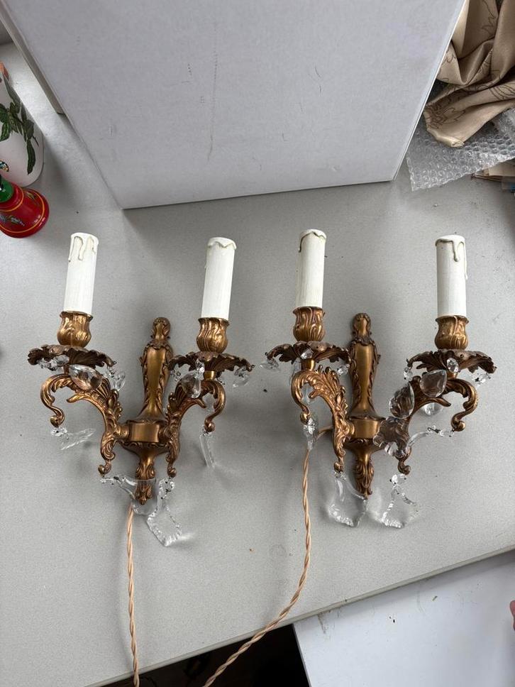 vintage messing wandlampen met kristallen – Rococo stijl, 2, Huis en Inrichting, Lampen | Wandlampen, Gebruikt, Glas, Ophalen of Verzenden