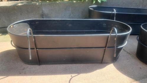 Drie Antraciet gecoate metalen balkon-bloembakken i.z.g.s.!, Tuin en Terras, Bloempotten, Zo goed als nieuw, Metaal, Binnen, Balkon