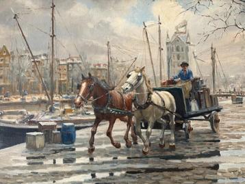 Pracht schilderij van H. Wolters: Paard en Wagen "Rotterdam" beschikbaar voor biedingen