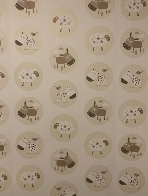 Behang baby kinder 2x dieren boerderij neutraal crème groen, Huis en Inrichting, Stoffering | Behang, Wit, Zwart, Beige, Bruin
