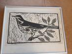 Houtsnede op rijstpapier Lijster gesigneerd, Antiek en Kunst, Kunst | Etsen en Gravures, Ophalen
