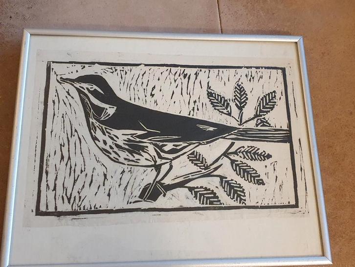 Houtsnede op rijstpapier Lijster gesigneerd, Antiek en Kunst, Kunst | Etsen en Gravures, Ophalen