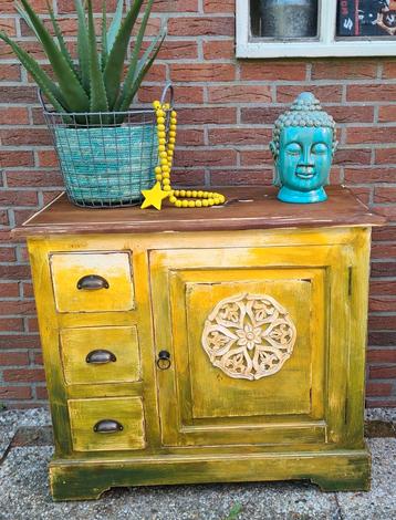 Dressoir tv-kast vintage shabby chic bohostyle geel groen beschikbaar voor biedingen