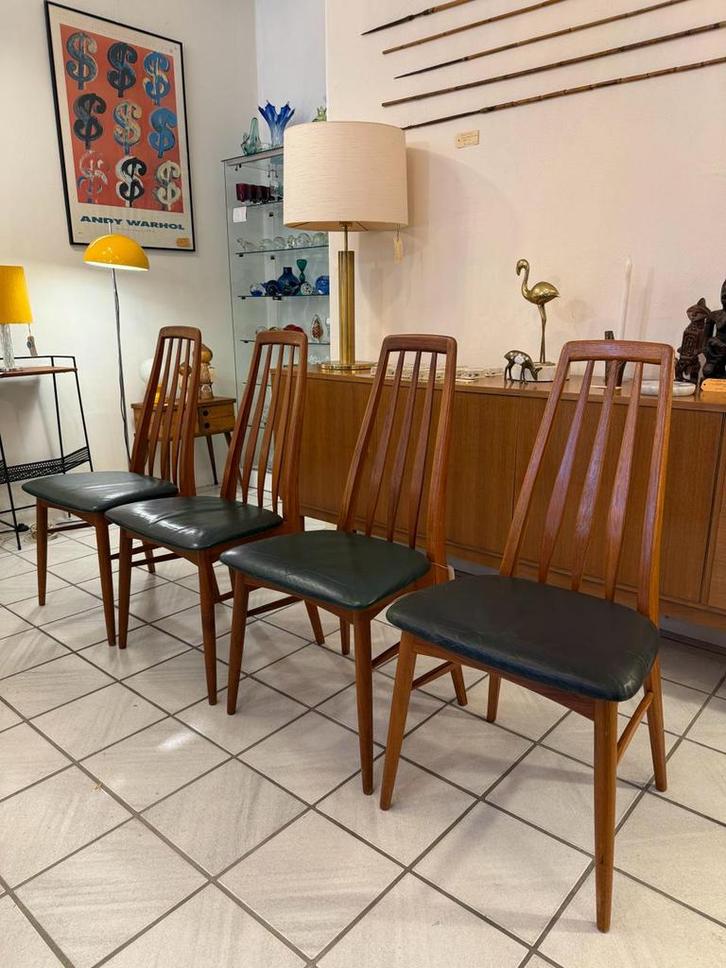 Vintage eetkamerstoelen 4x Deens Niels Koefoed 1960, Huis en Inrichting, Stoelen, Gebruikt, Vier, Hout, Leer, Bruin, Ophalen of Verzenden