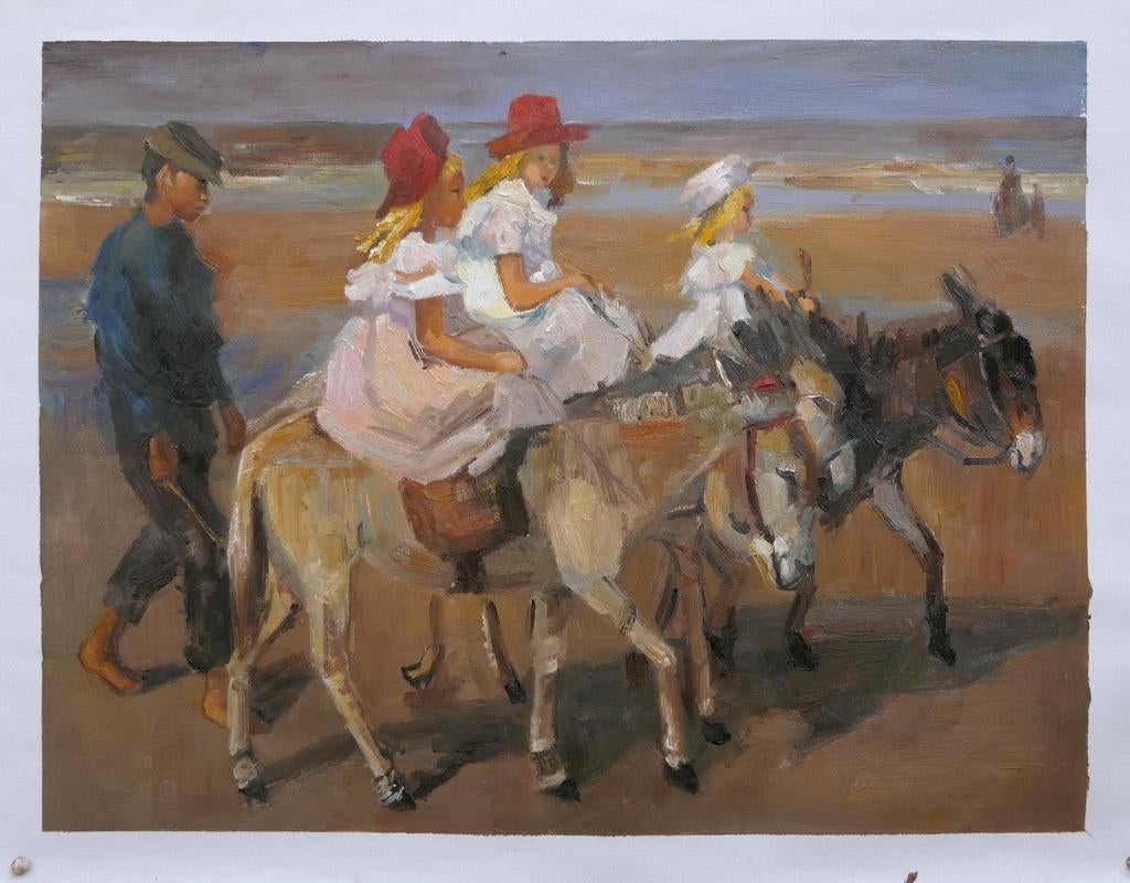Olieverf reproductie I Israels: Ezeltje rijden op het strand, Antiek en Kunst, Kunst | Schilderijen | Klassiek, Verzenden