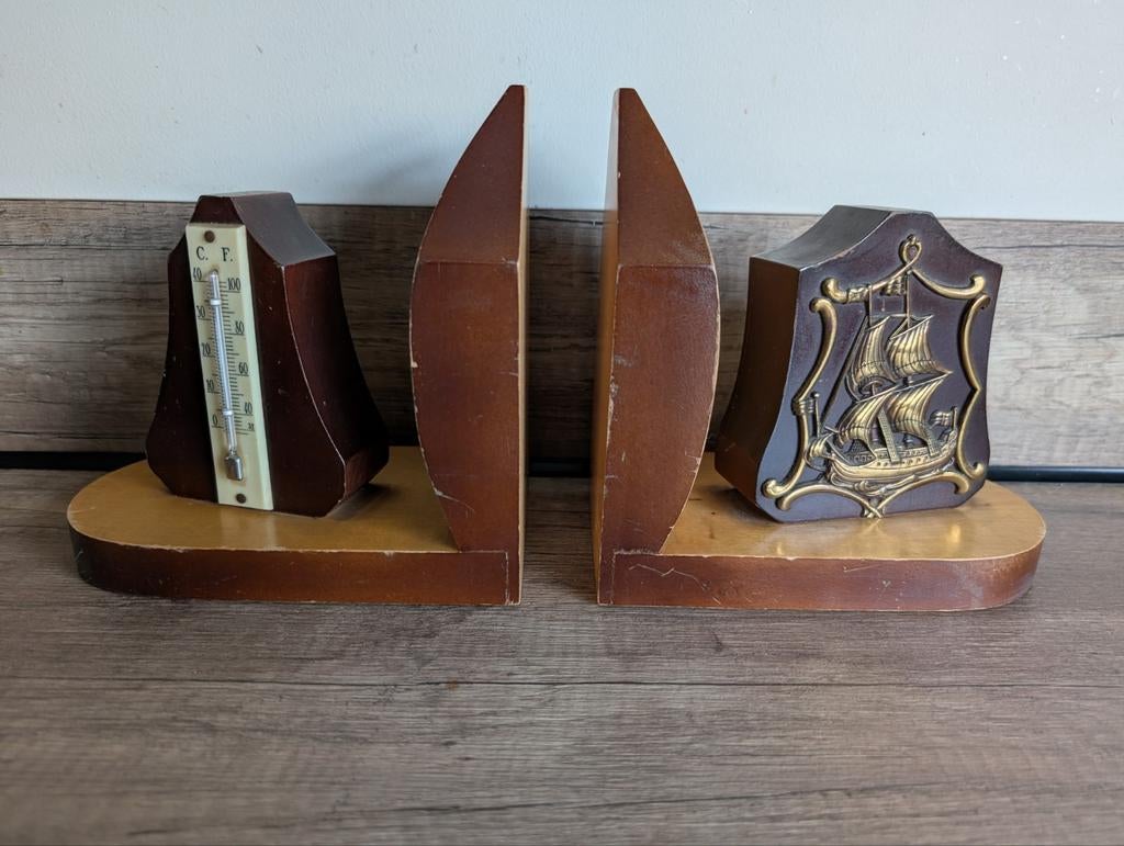 Art Deco Boekensteunen met Scheepsmotief en Thermometer, Antiek en Kunst, Ophalen of Verzenden