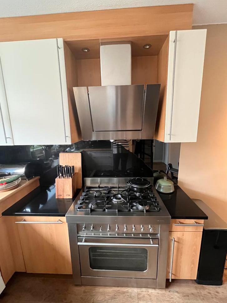 RVS 5-pits gasfornuis met oven, Witgoed en Apparatuur, Fornuizen, Gebruikt, Vrijstaand, Gas, 5 kookzones of meer, 85 tot 90 cm