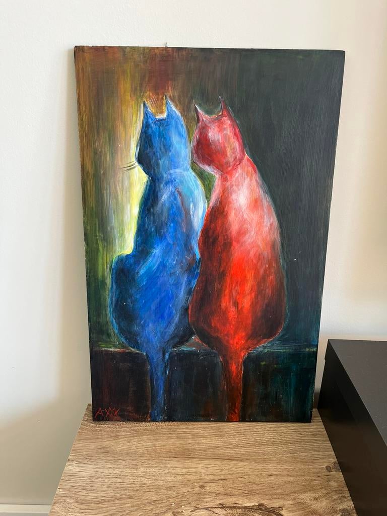 Handgemaakt schilderijtje op hout met 2 poezen, Ophalen of Verzenden