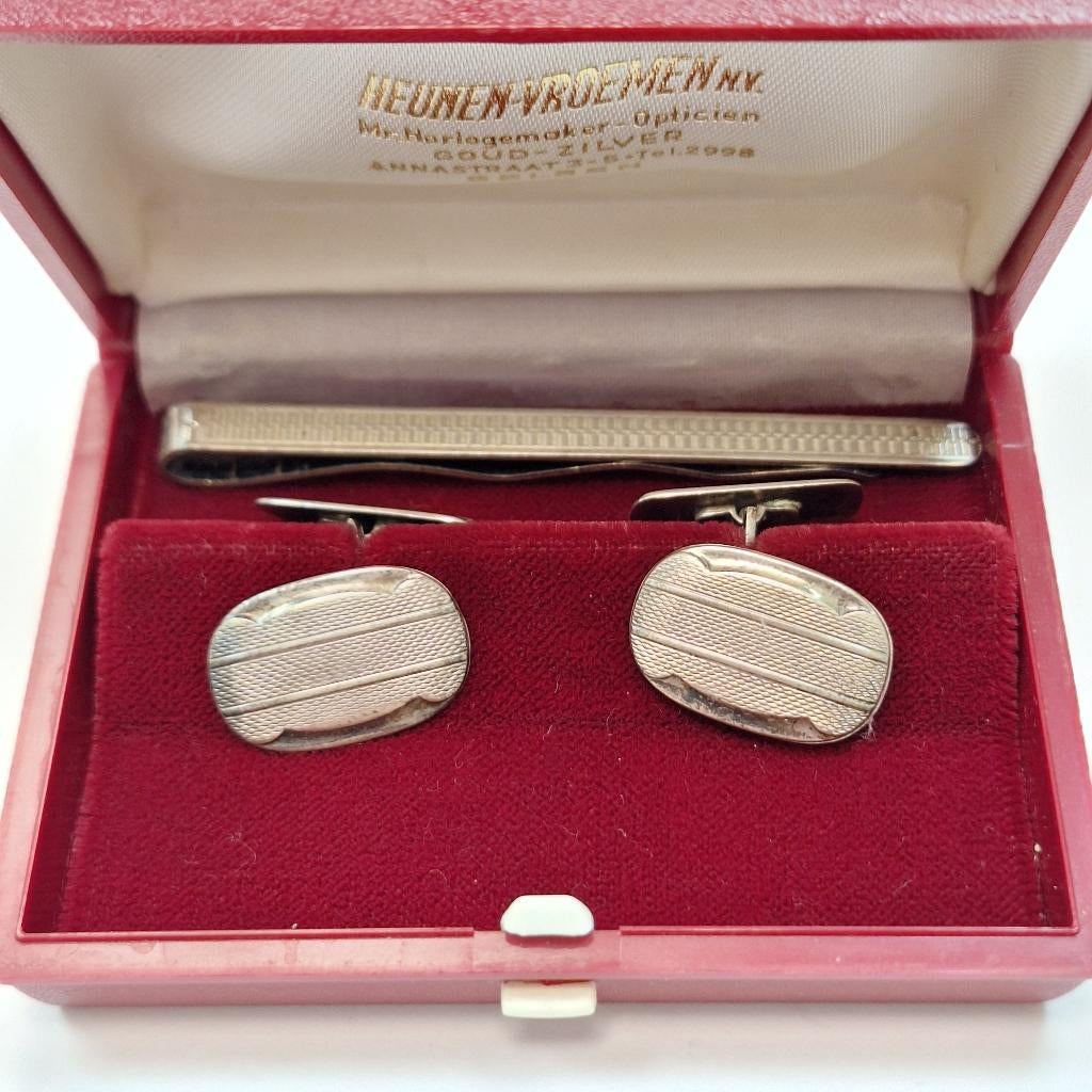 Set manchetknopen met dasspeld, Sieraden, Tassen en Uiterlijk, Manchetknopen, Ophalen of Verzenden, Gebruikt, Zilver